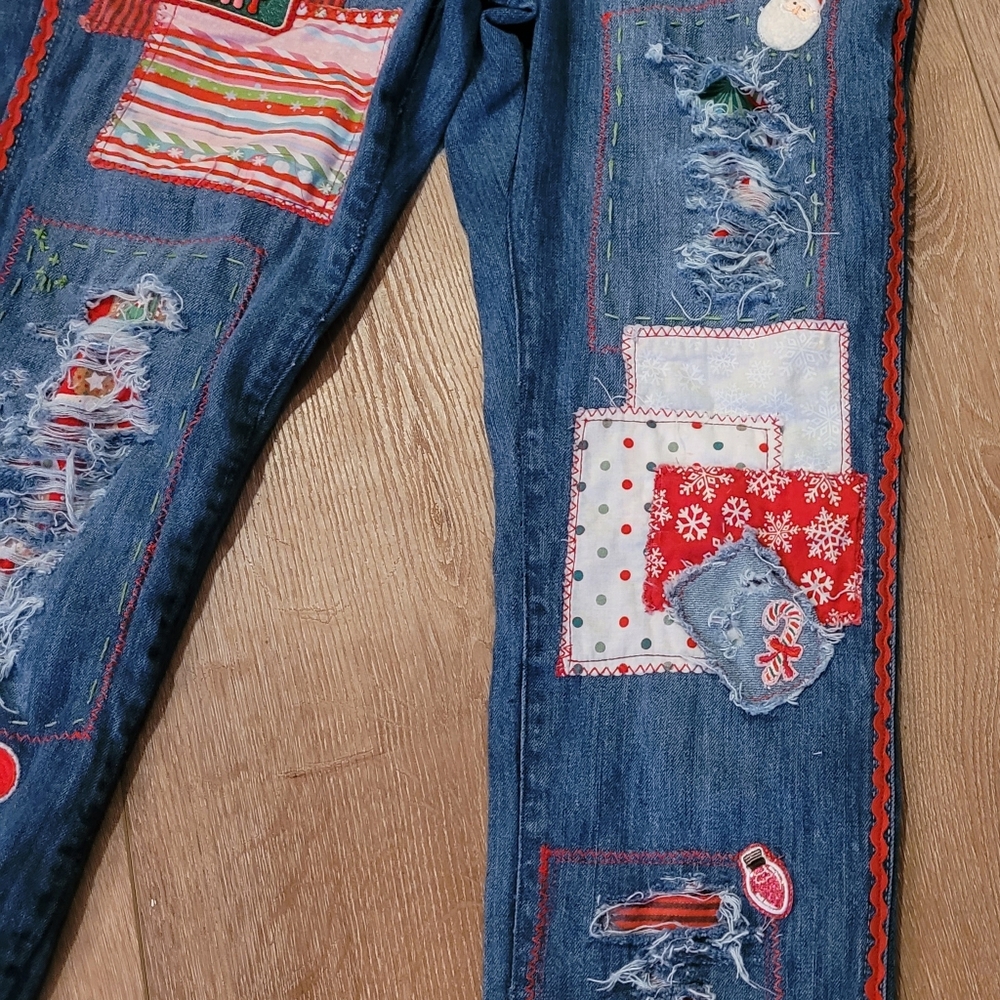 Gap Upcycled Custom Holiday Patchwork Overalls Xs… - image 7
